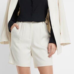Express Super High Waisted Tailored Pleated Bermuda Shorts in crème color